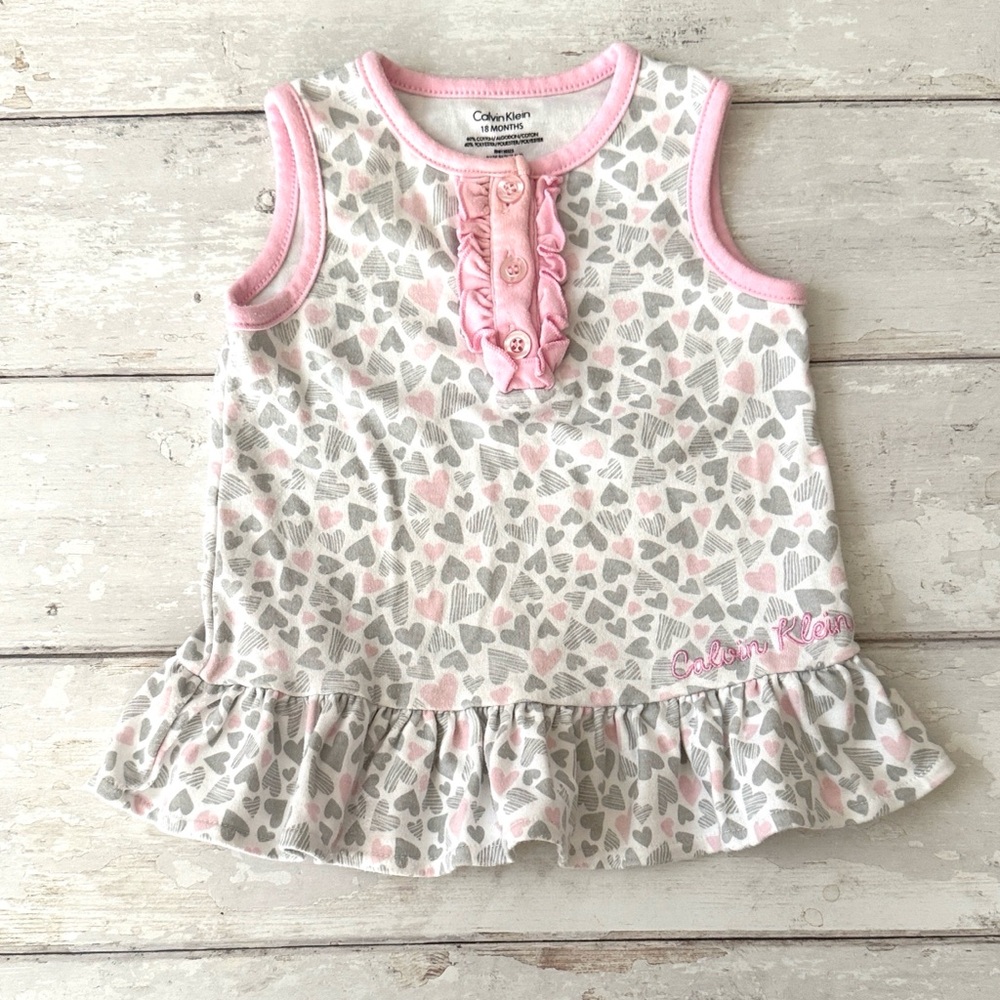 Calvin Klein 18m Baby Girl Sleeveless Tank Dress Peplum Top Gray Pink Hearts